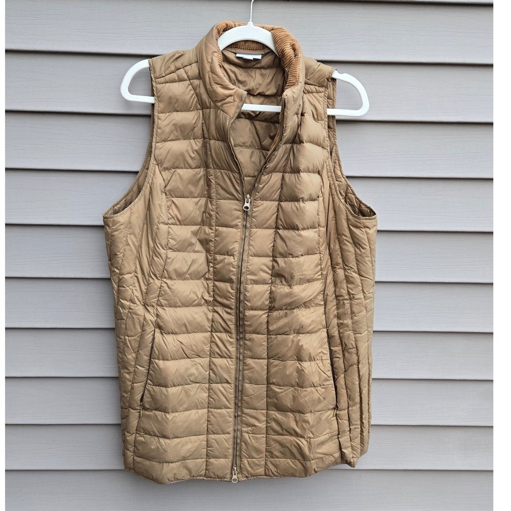 J. Jill Down Puffer Vest Tan Khaki Quilted Corduroy Trim Full Zip Womens Large